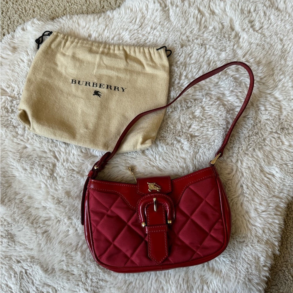 Burberry Red Quilted Canvas & Leather Sophie Small Shoulder Baguette Bag